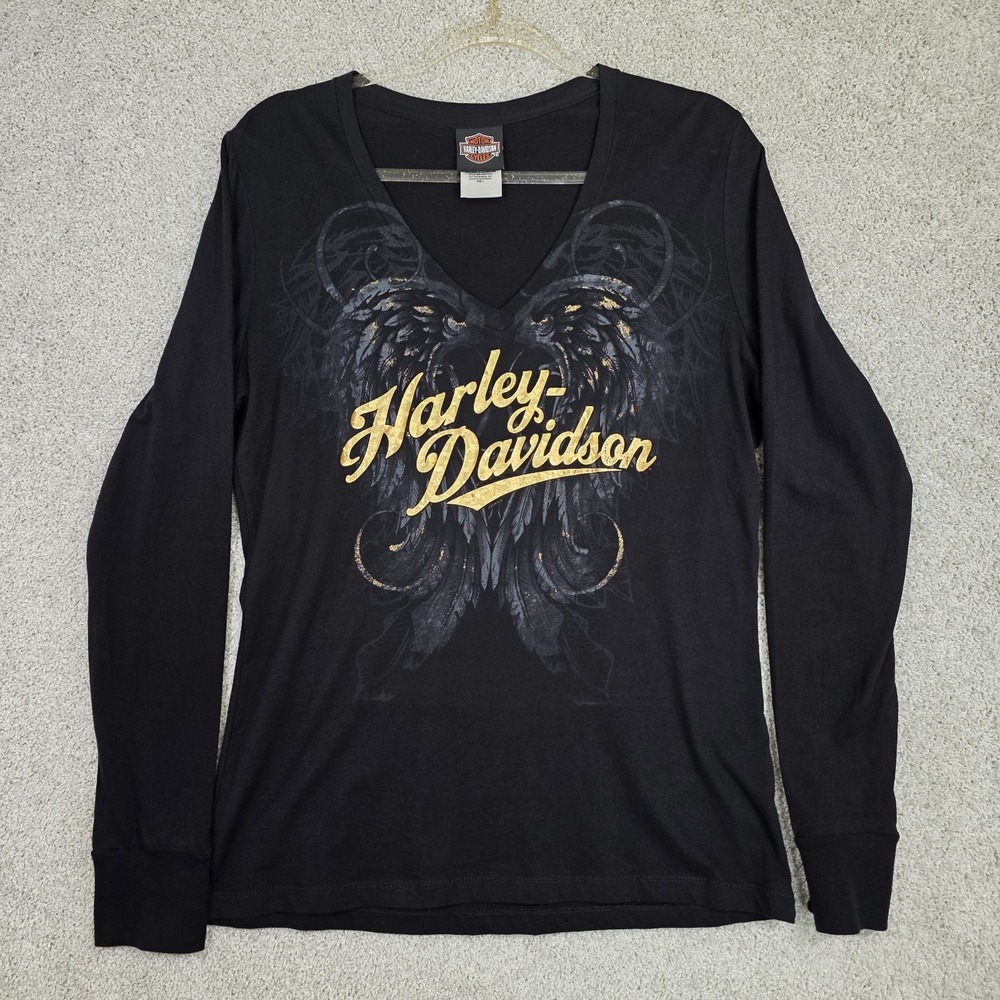 Harley‎ Davidson Black/Gold Long Sleeve Shirt w/Thumb Holes Women's Large Wings